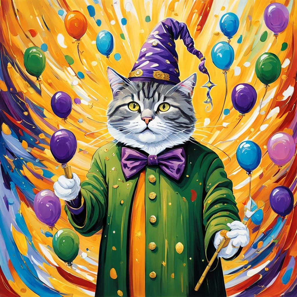 Whimsical Wizard Celebrates New Year's with Feline Companion