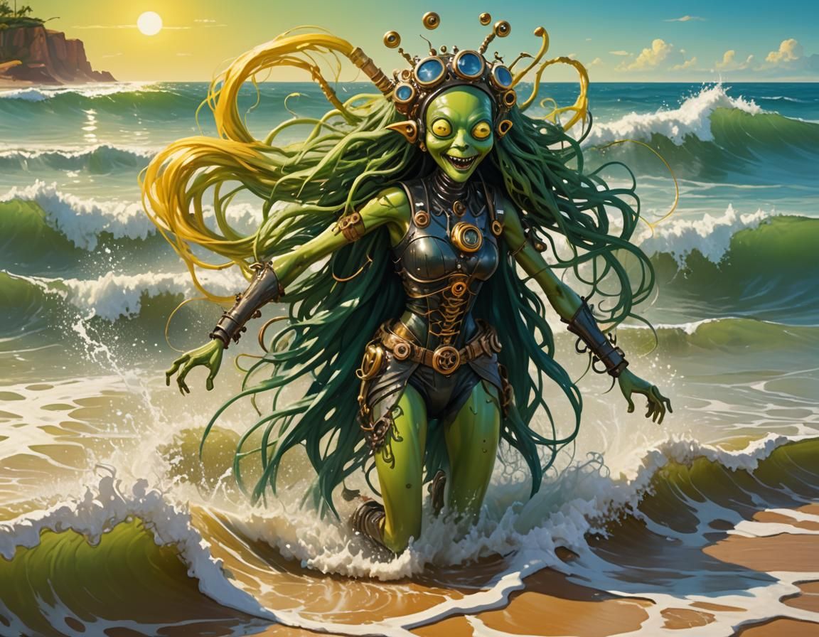 Happy Green Alien Girl on Red Beach