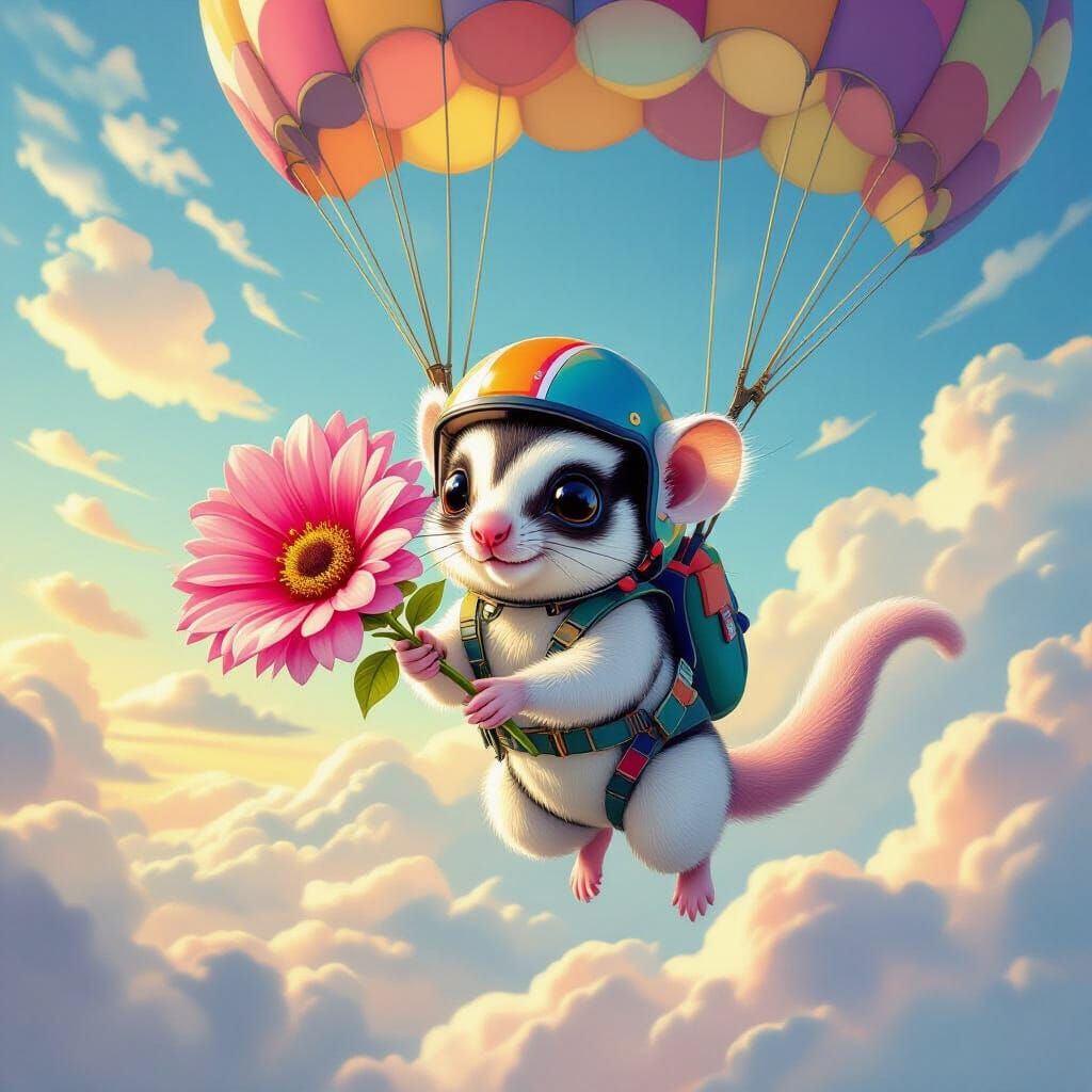 Sugar Glider Skydiving With Giant Flower in Whimsical Style