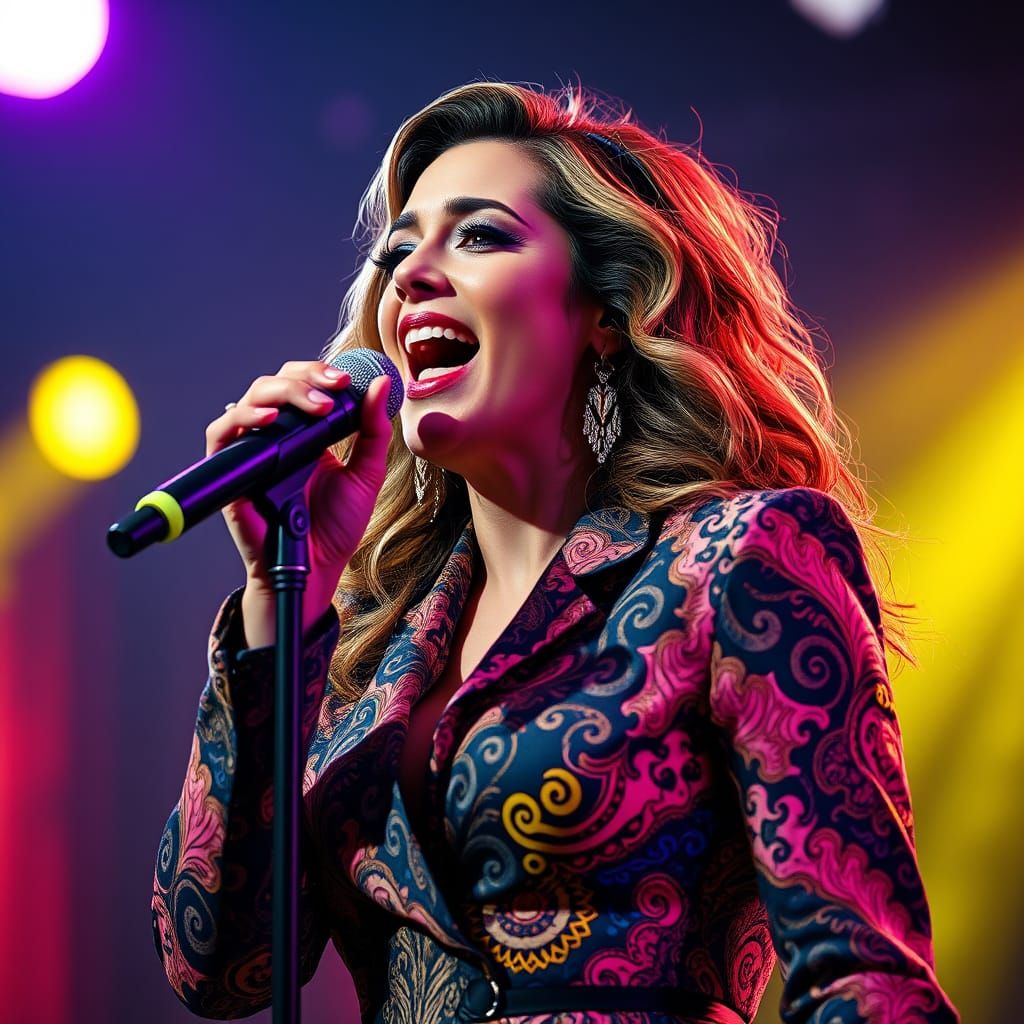 Confident Singer Performs on Stage in Vibrant, Futuristic Ou...