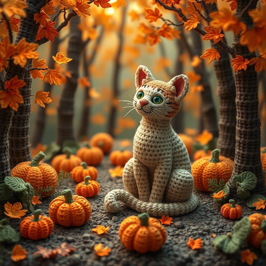 Crocheted Cat in a Fall Forest Digital Art