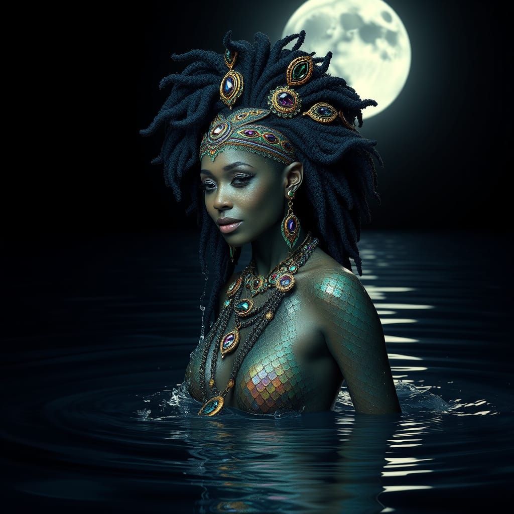 Serpentine Goddess Rises from Moonlit Lake