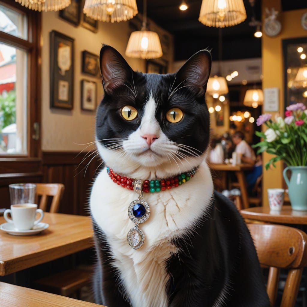 Tuxedo Cat in Elegant Cafe Setting