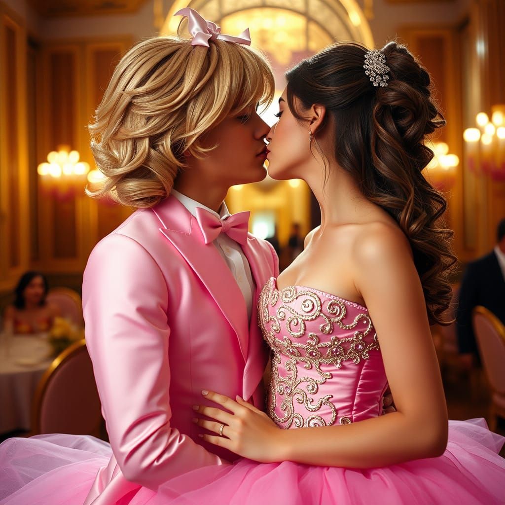 Boy in Quinceañera Gown Kissing Girl, Cinematic Style