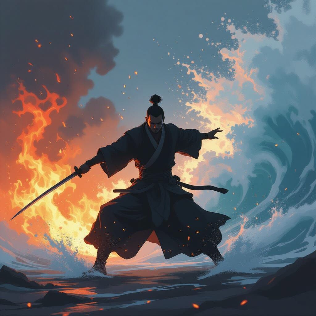 Monk in Combat Stance Amidst Flames and Waves