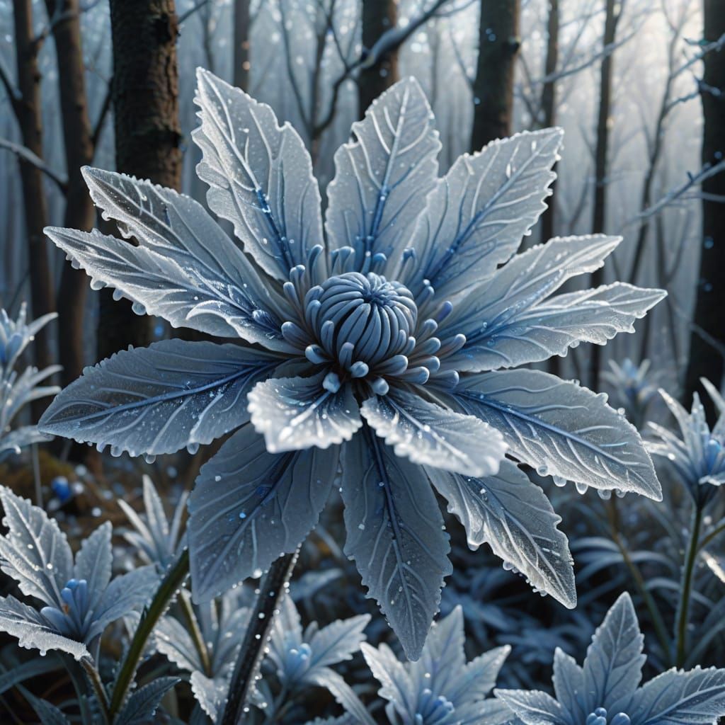 Ethereal Ice Flower in Frosty Forest, Digital Matte Painting