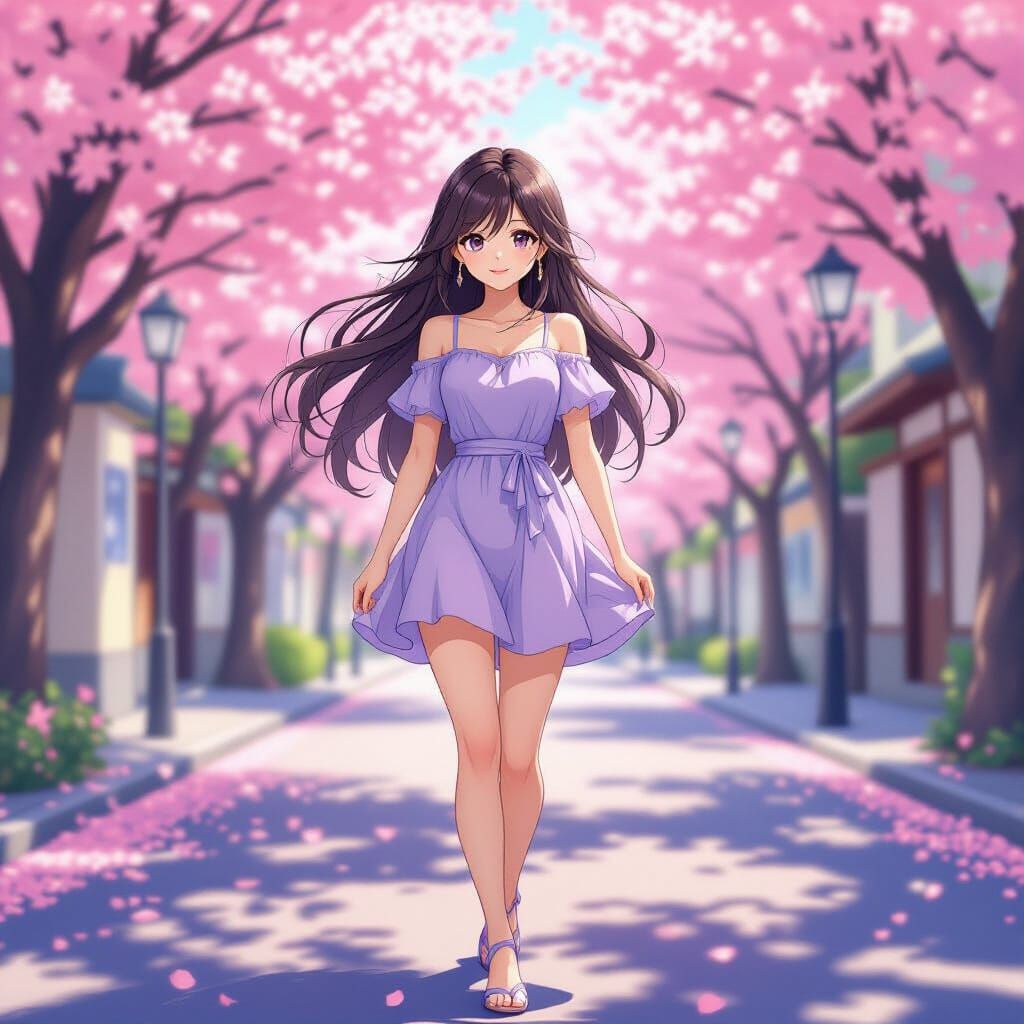 Anime Girl in Lilac Dress Under Cherry Blossoms
