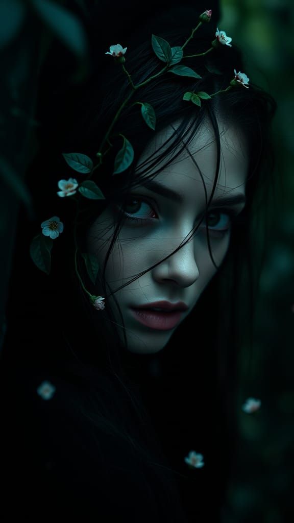 Ethereal Woman in Dark Enchanted Forest