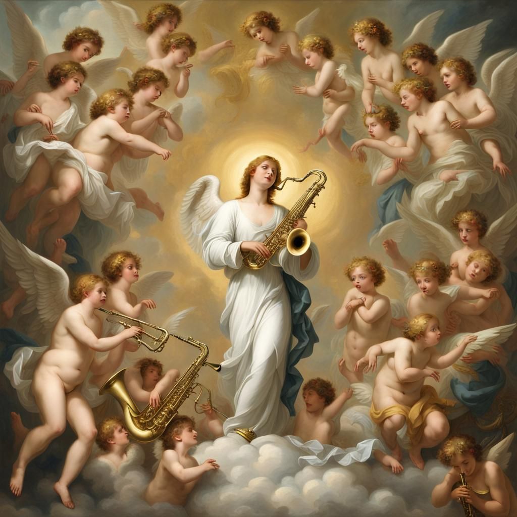The angel Gabriel playing a golden saxophone on a stage in heaven, surrounded by cherubs and other beautiful angels