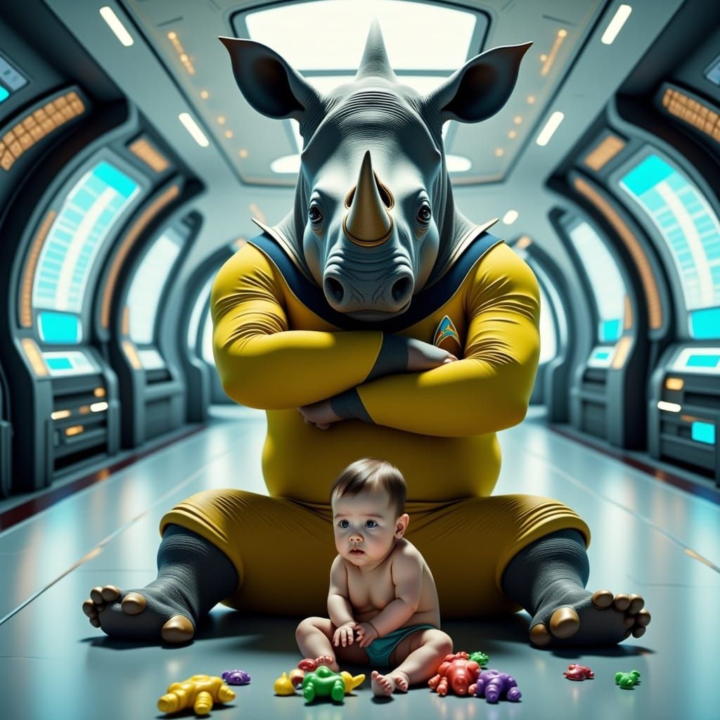 Star Trek Rhino Guarding Baby in Spaceship Interior