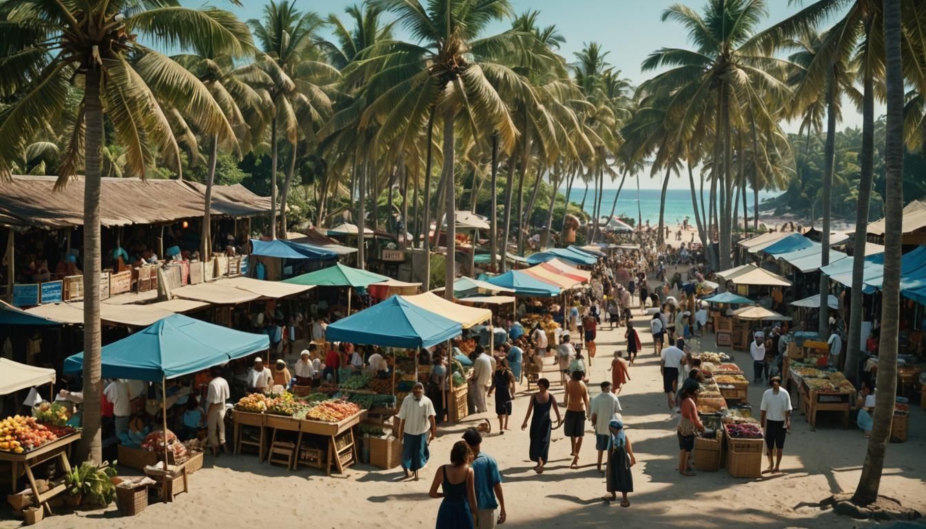 Vibrant Beach Market with Tropical Goods