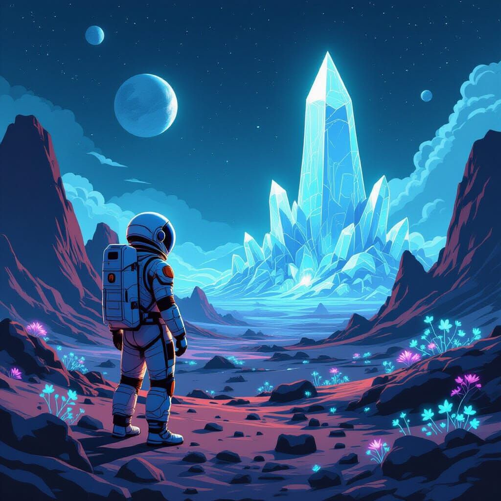 Astronaut Explores Alien World with Bioluminescent Flora