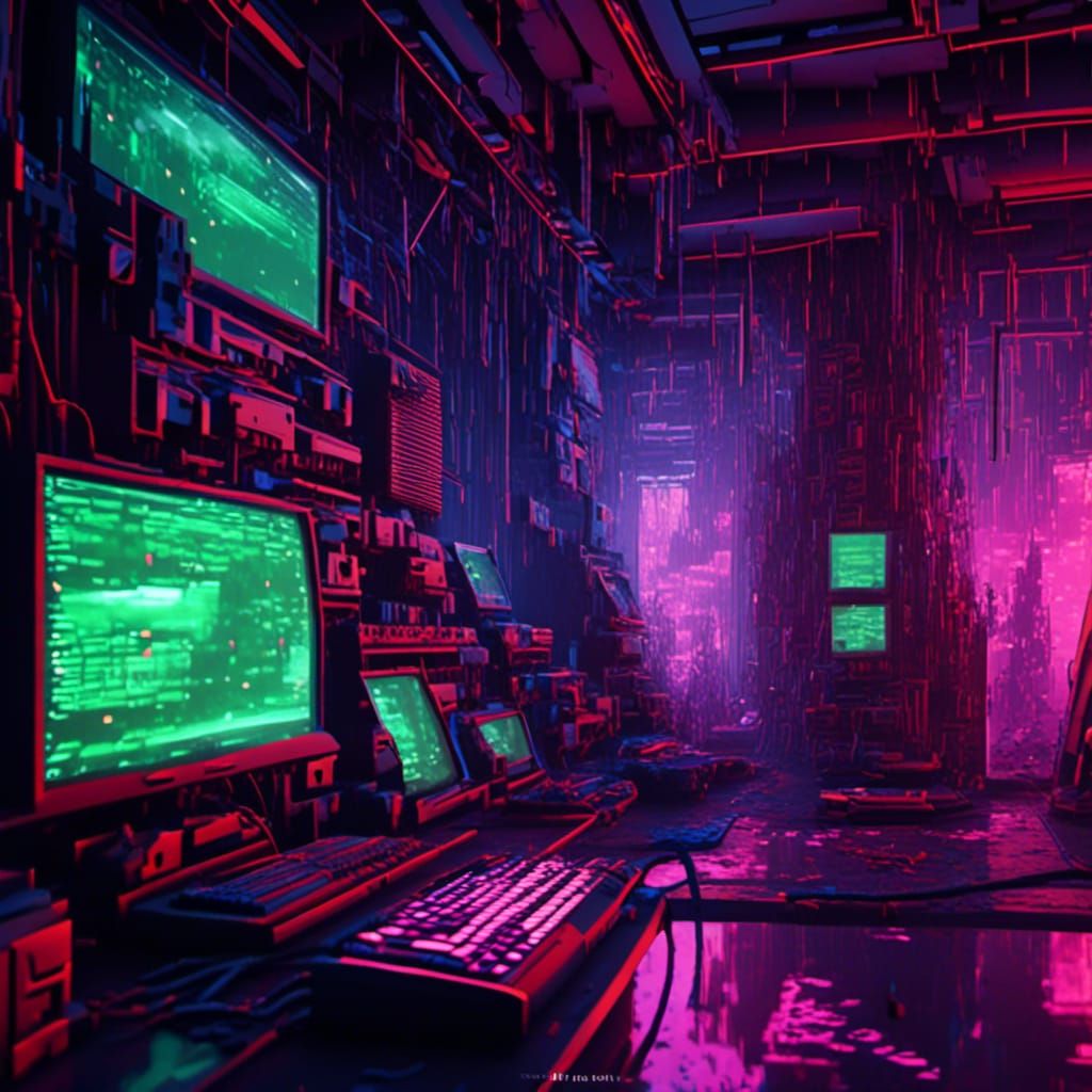 Cyberpunk Hacker Lair with Glitching Code
