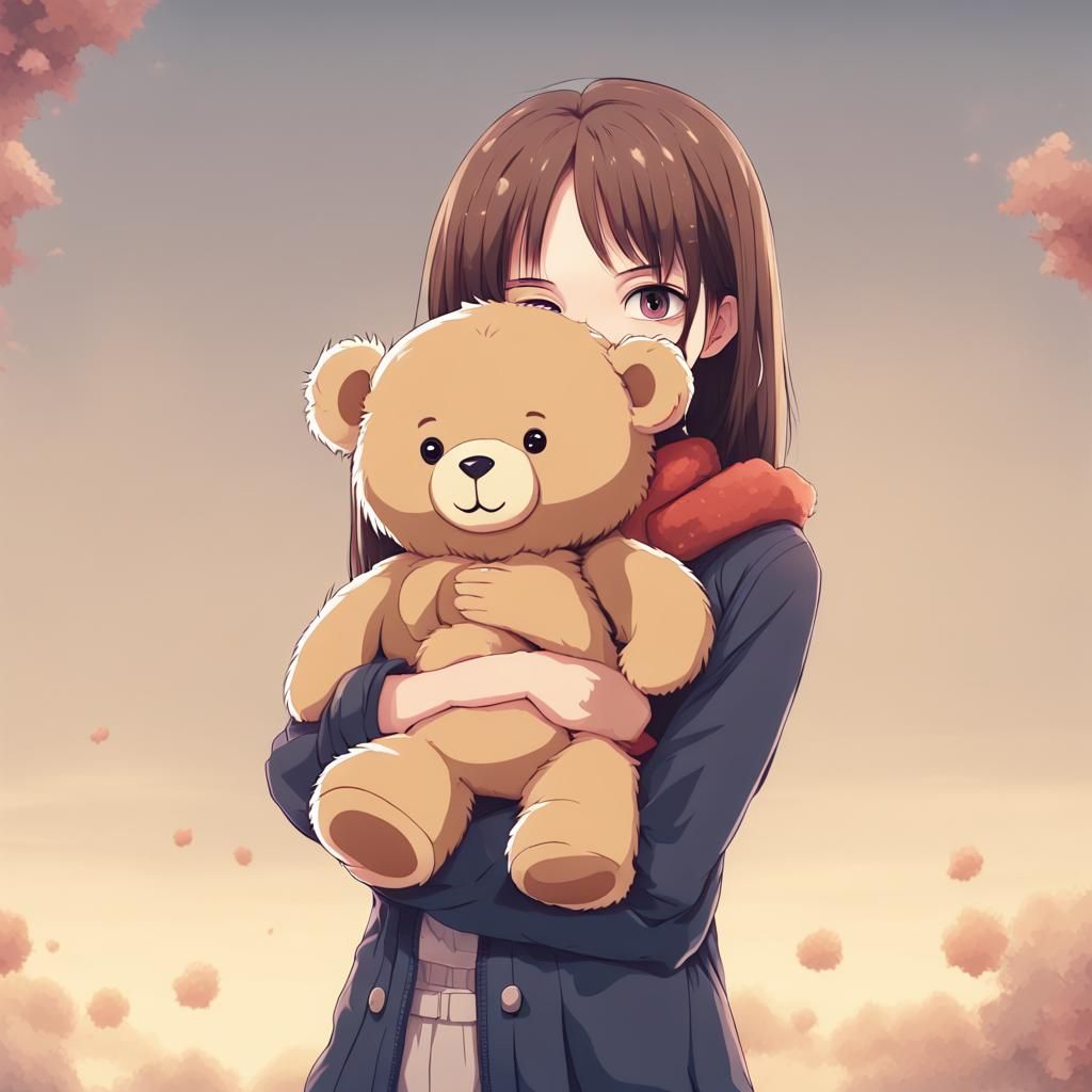 Cute Girl Hugging Teddy Bear in Anime Style