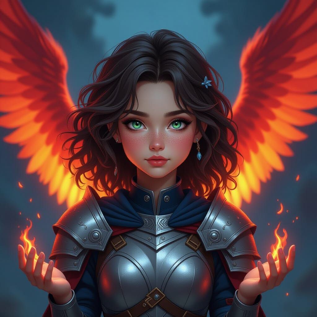 Fantasy Portrait: Fiery Phoenix Wings and Silver Armor