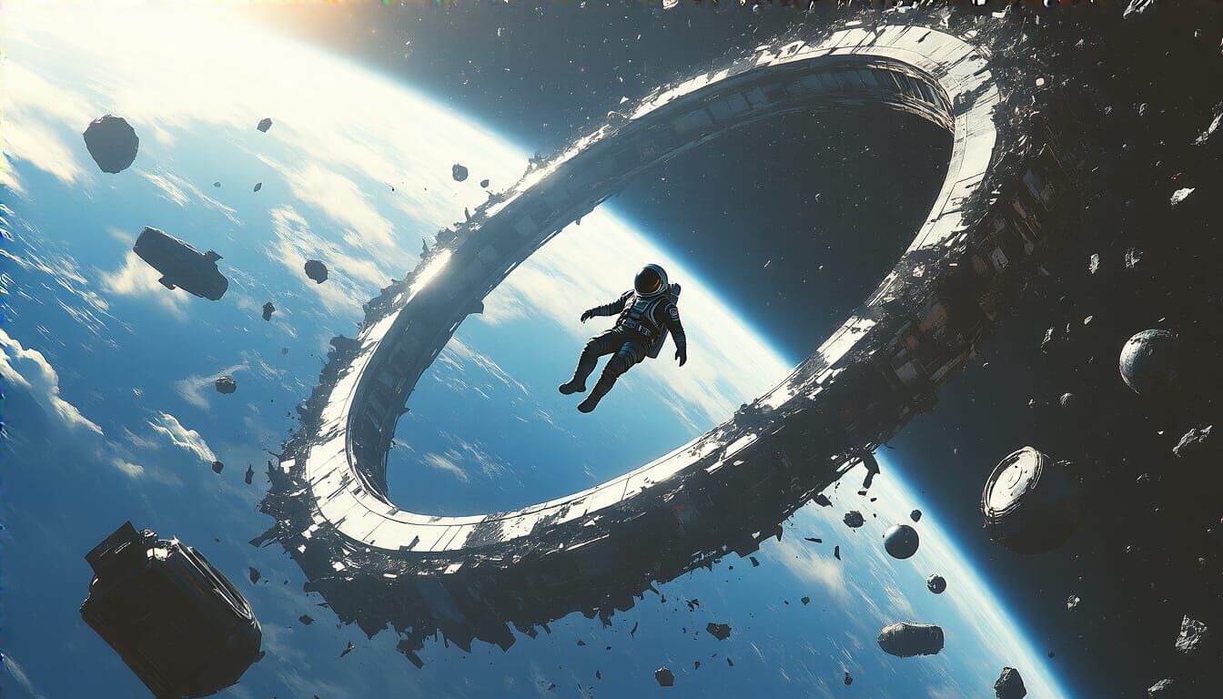 Astronaut Amidst Shattered Satellites Above Earth