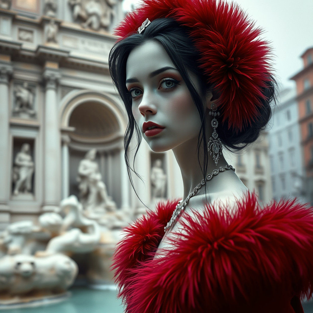 Gothic Girl at Trevi Fountain in Dark Romanticism Style