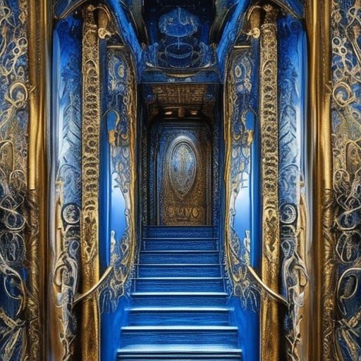 Intricate Blue Room with Silver Stairs: Digital Matte Painti...