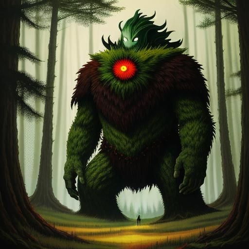Giant Monster Hides in Forest, Surreal Art