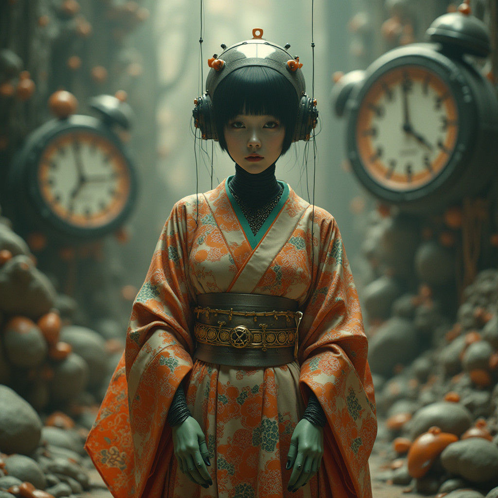 Surreal Robotic Woman in Dreamlike Landscape