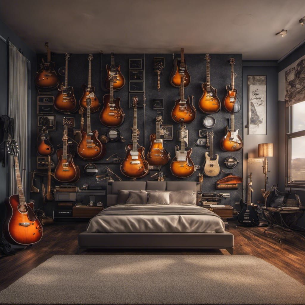 Hyperrealistic Bedroom with TV and Guitar Wall