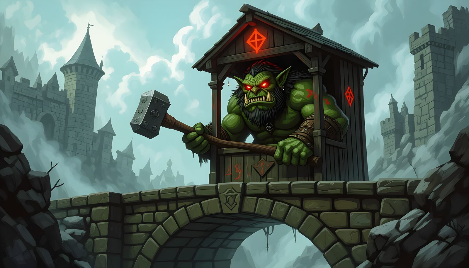 Grotesque Troll Guarding Bridge in Dark Fantasy Style