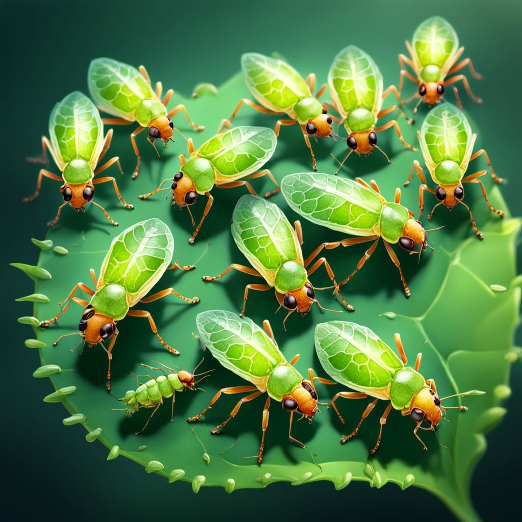 Detailed Digital Art of Seven Aphids on a Leaf