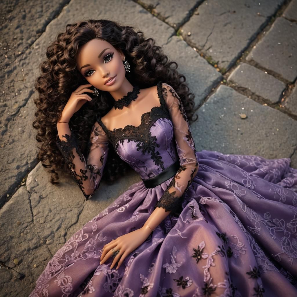 Beautiful Young Woman with Curly Hair and Lace Dress