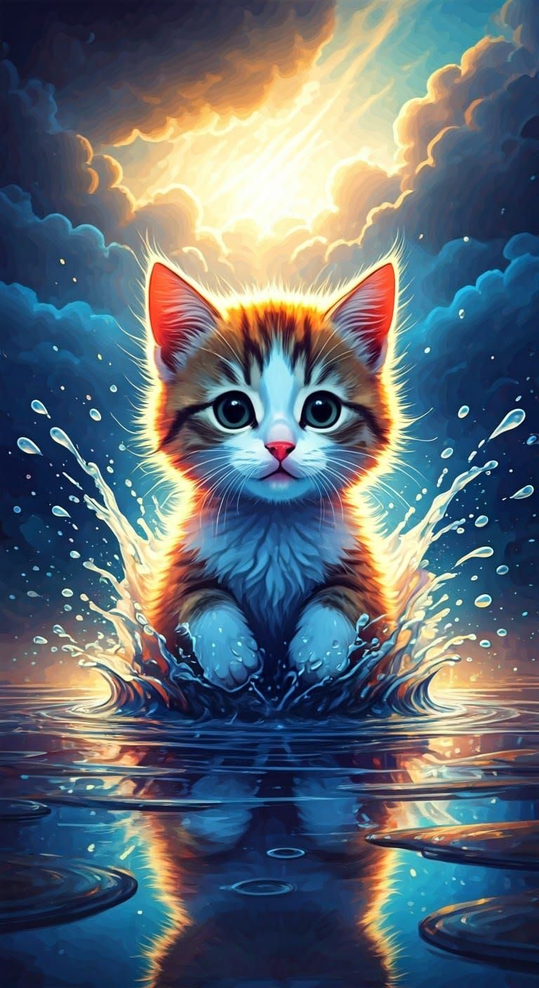 Cute Kitten Splashing: A Fauvist-Inspired Illustration