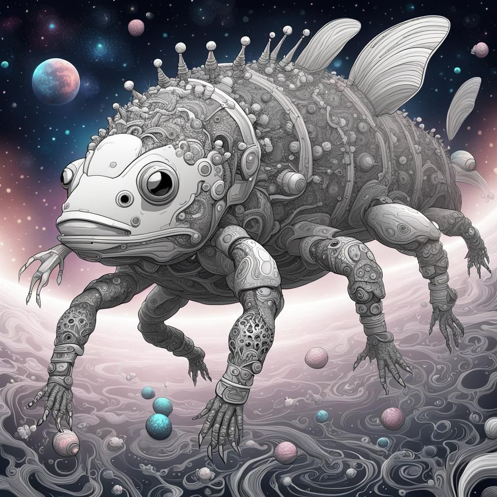 Cyborg Axolotl in Space Battle: Abstract Vector Art