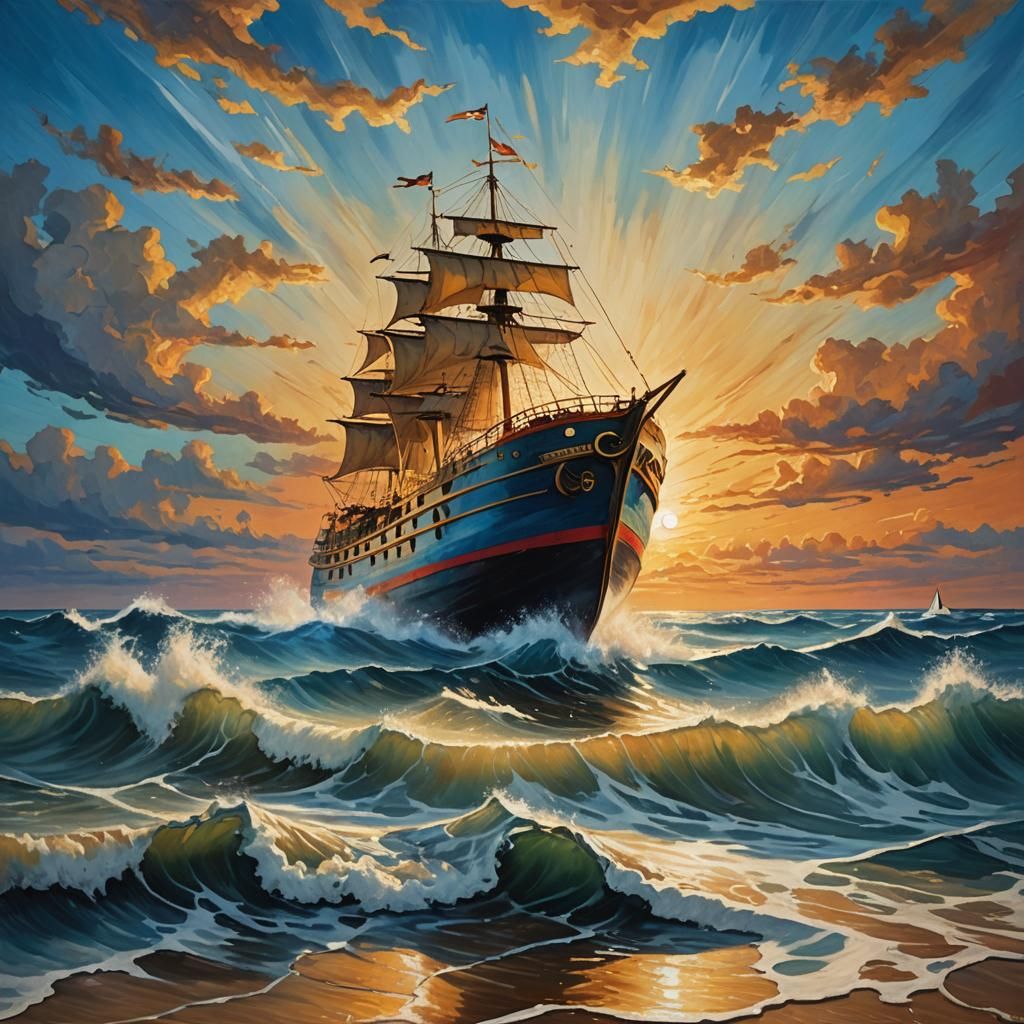 Surreal Sunset Ship at Sea: Oil on Canvas