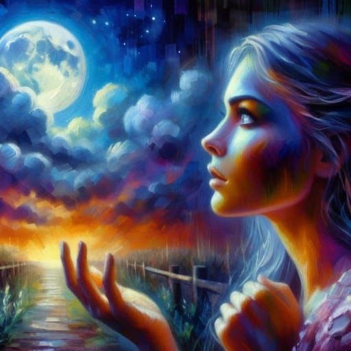 Ethereal Portrait of a Woman Gazing at Moonlight in Impasto ...