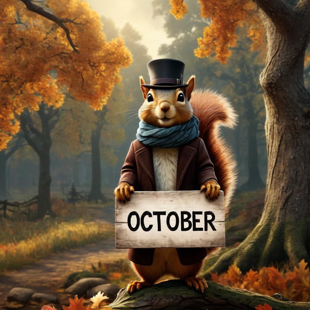 Squirrel Welcomes October in Autumn Landscape