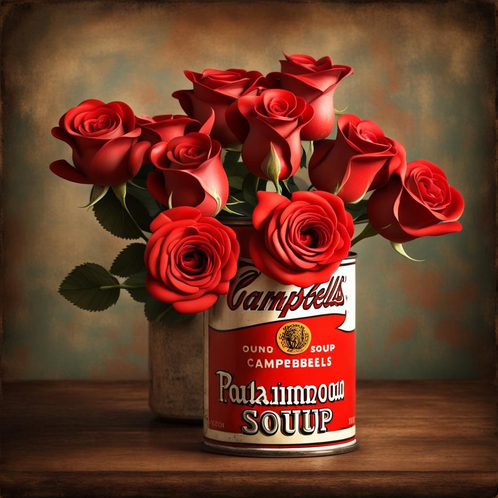 Vintage Campbell's Soup Can with Red Roses