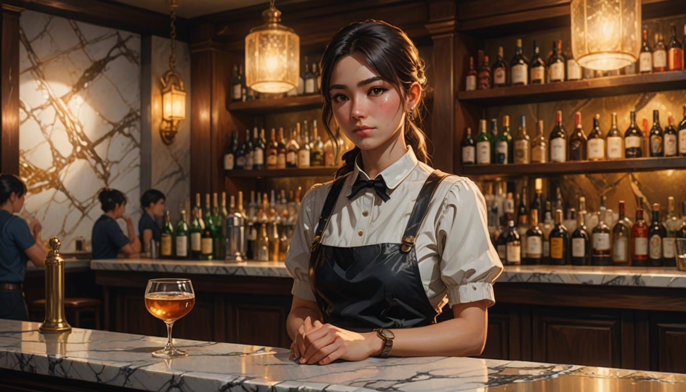 Barmaid in Golden Light: An Oil Painting