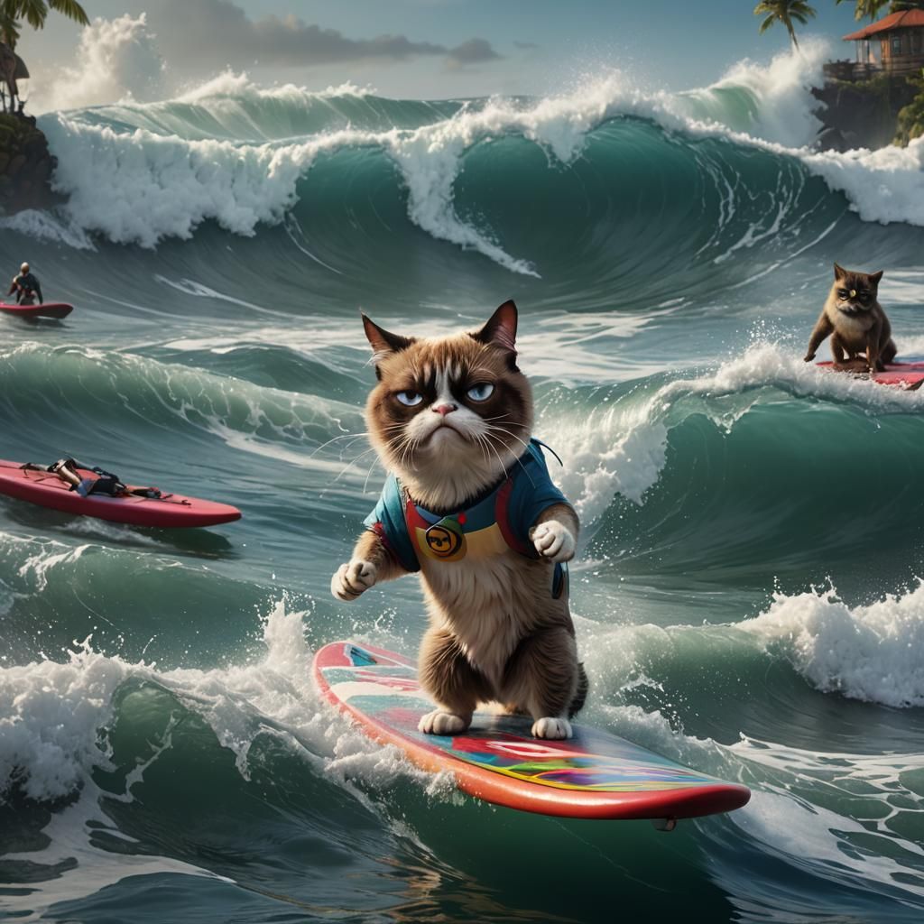 Grumpy Cat Surfing: Detailed Matte Painting