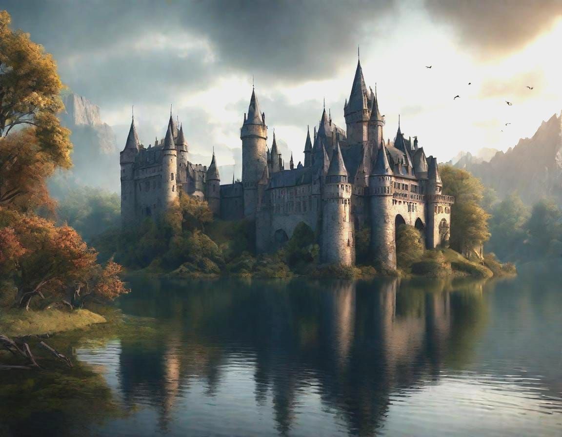 Eerie Castle on Island in Lake Digital Painting