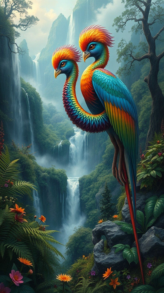 Two-Headed Bird in Mystical Green Landscape