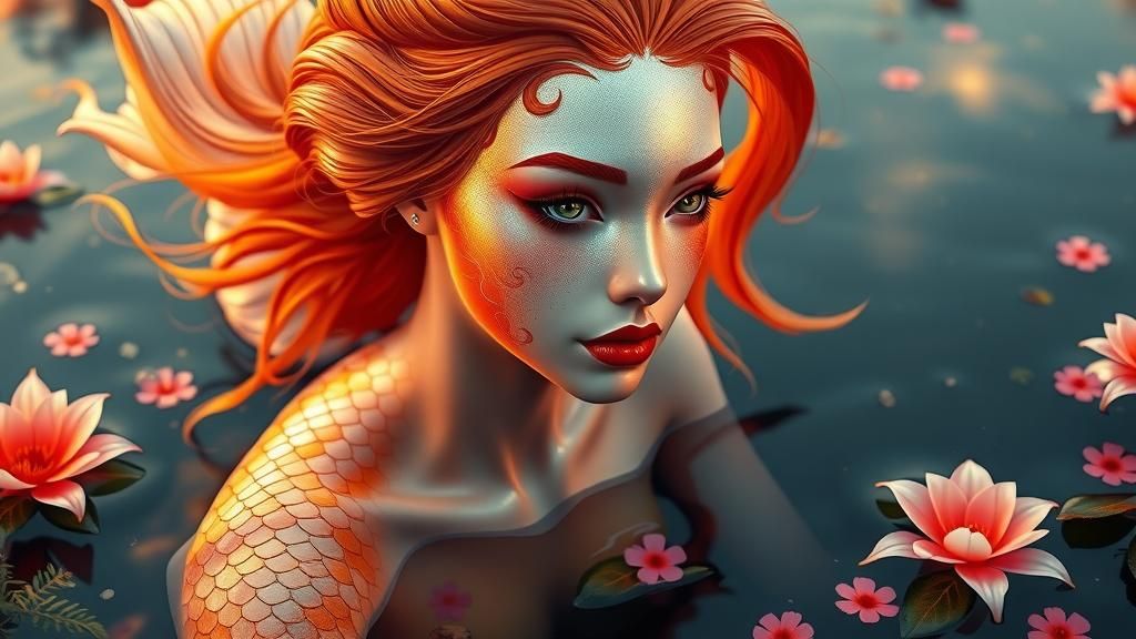 Koi-Fish Woman in Sunset Pond: Surrealist 3D Acrylic Art