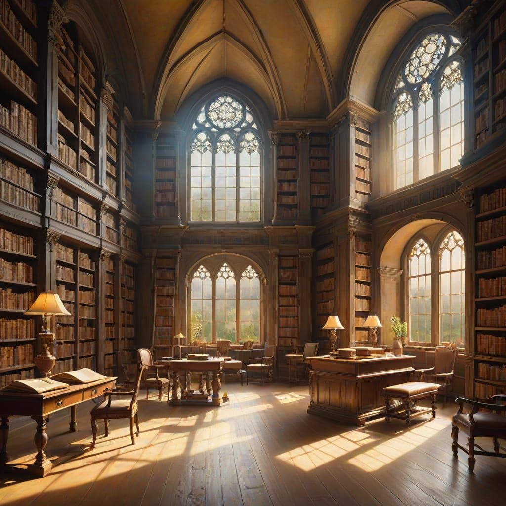 Grand Library Scene in Renaissance Style