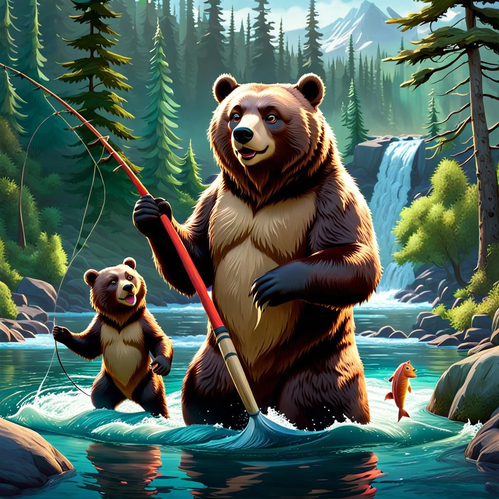 Papa Bear Fishing With Cubs: 3D Digital Art