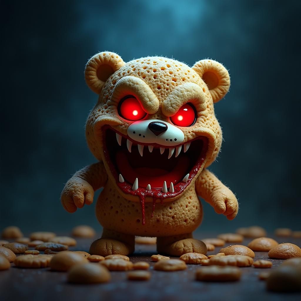 Sinister Teddy Graham in Eerie Snack Realm