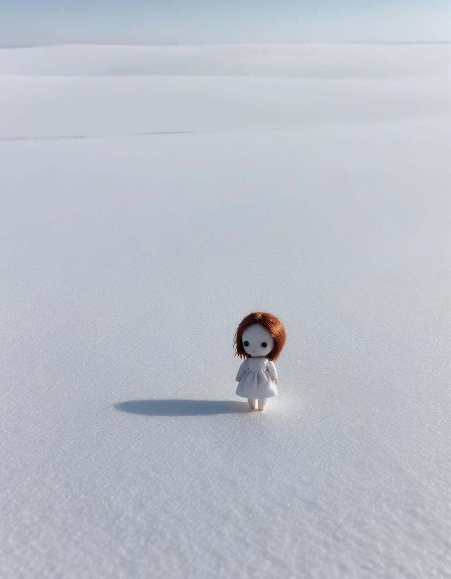 Tiny Doll Alone in White Expanse