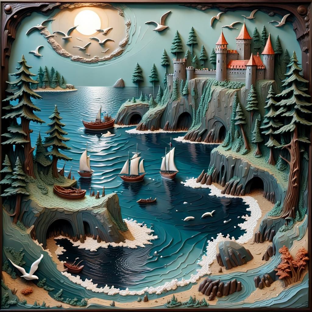 Detailed Wood Bas-Relief of a Seascape