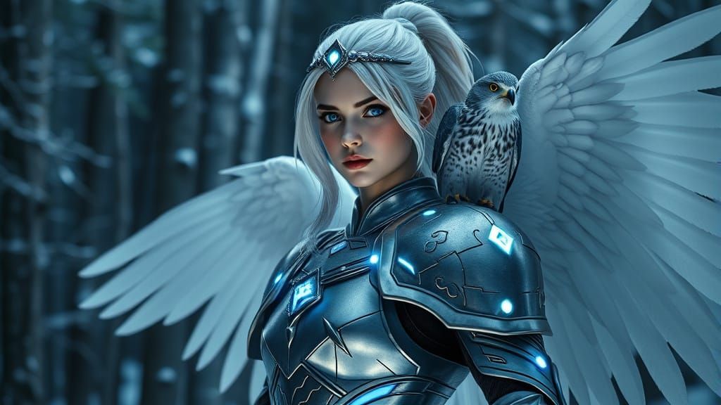 Ethereal Valkyrie in Frosty Winter Landscape