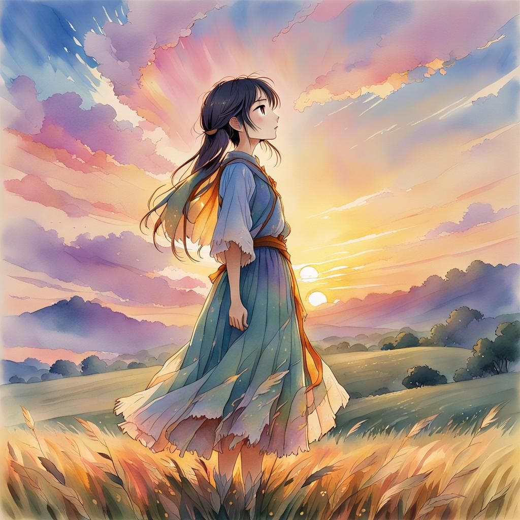 Anime Girl Gazing at Sunrise in Watercolor Style