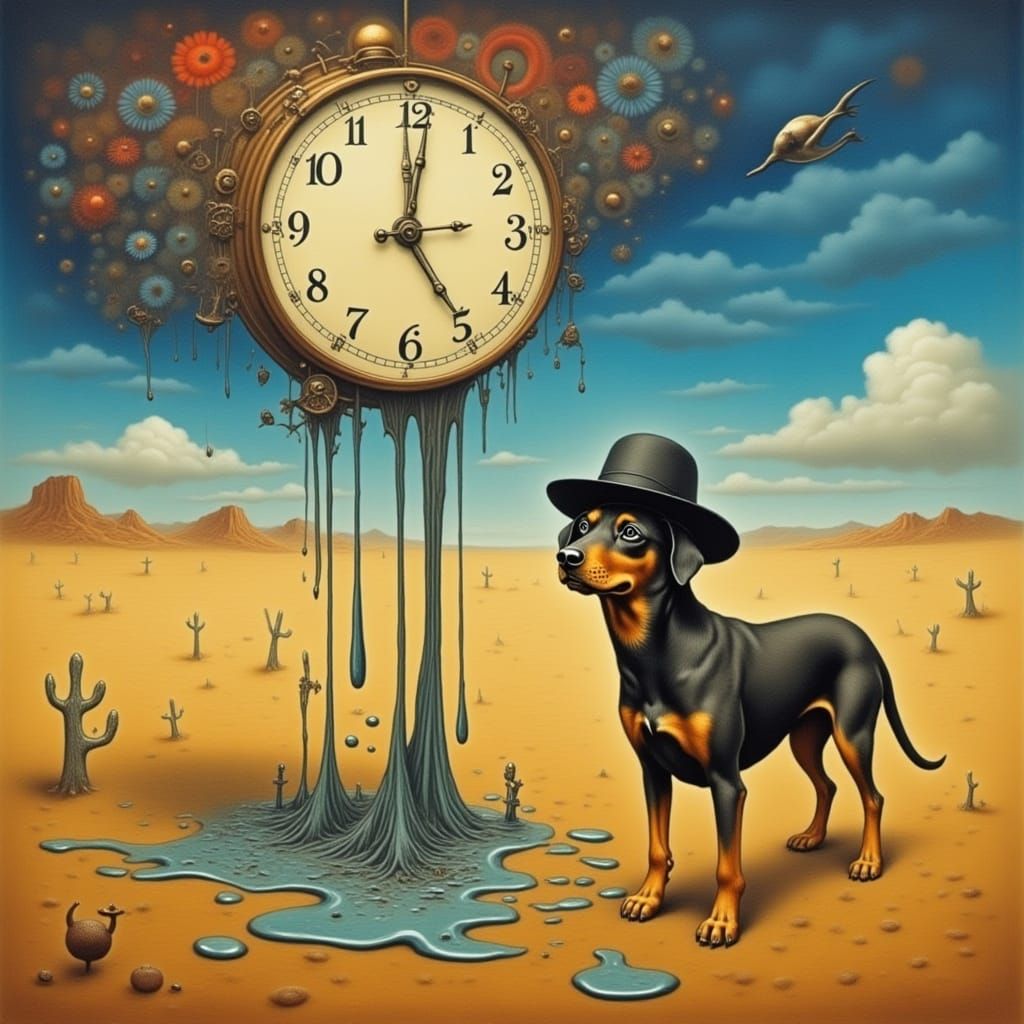 Melting Clock Drips on Desert Landscape with Fedora Dog