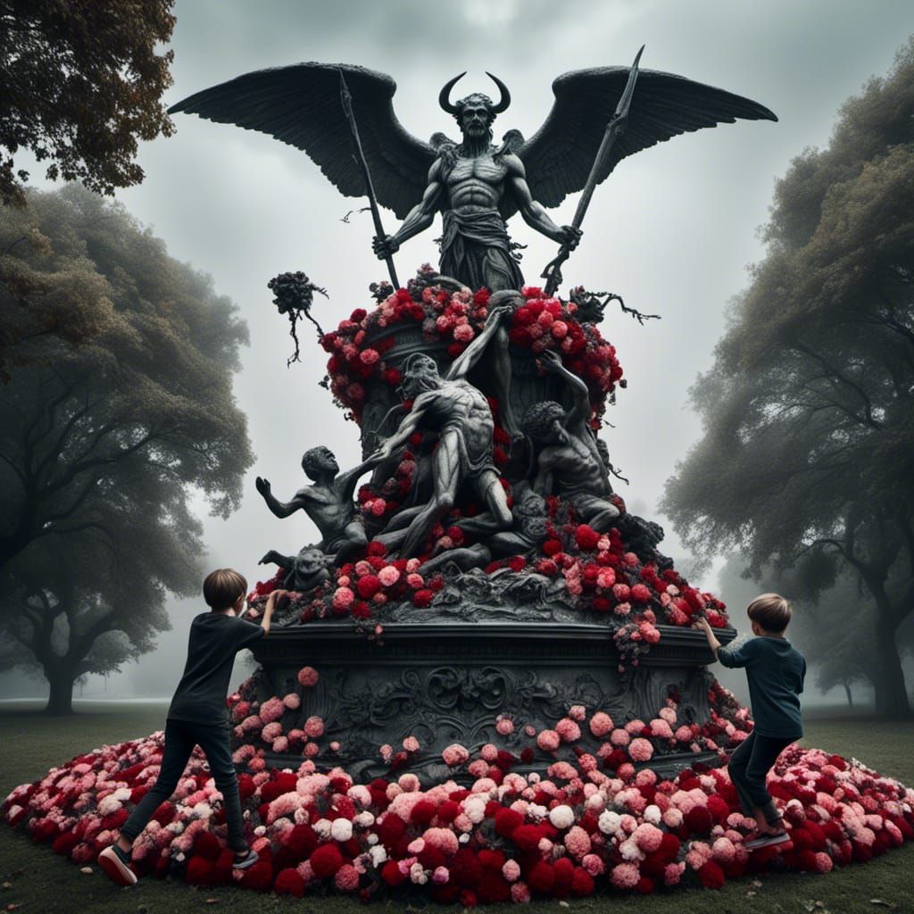 Hyperrealistic Children with Satan Statue