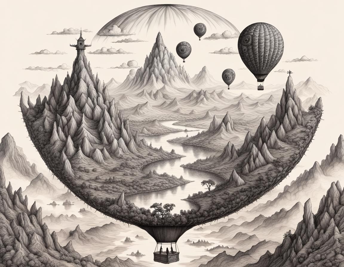 Animals Travel in Ying Yang Balloon: Trippy Landscape