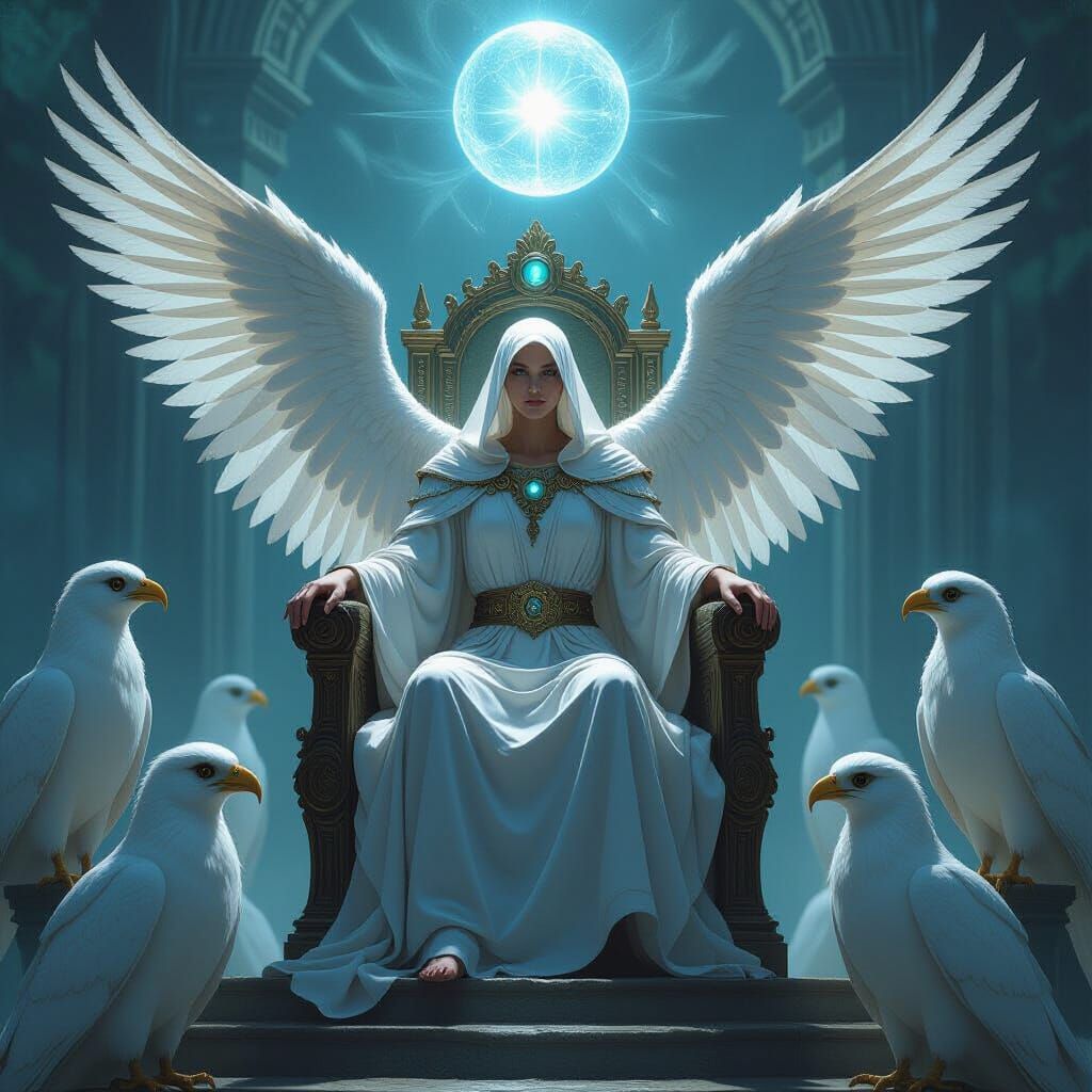a Seraphic Augur with outstretched wings, presiding on a throne. Avian sentinels with orb-like eyes surround the figure ...